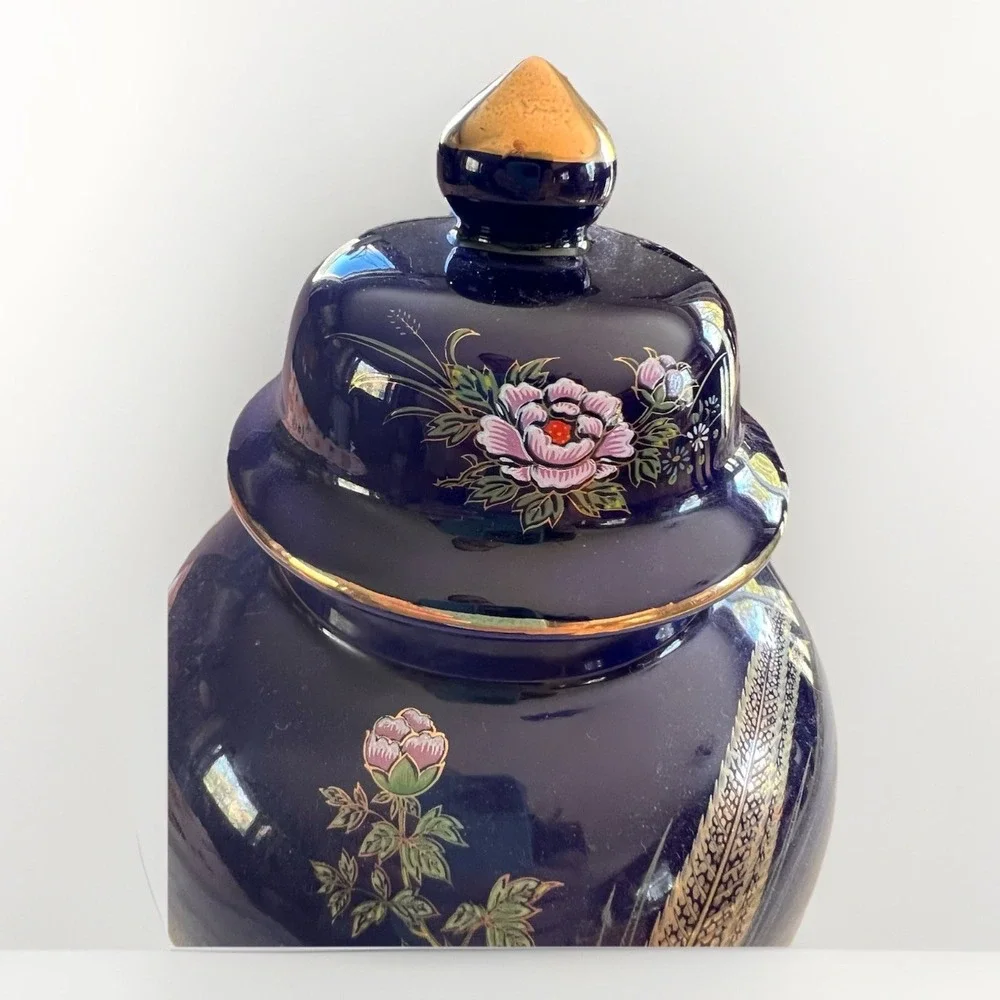 Vintage‎ Cobalt Blue Urn Bird and Floral Pattern Gold Japan